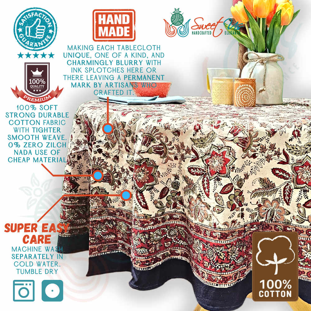 Rustic Autumn Floral Block Print Cotton Tablecloth Round