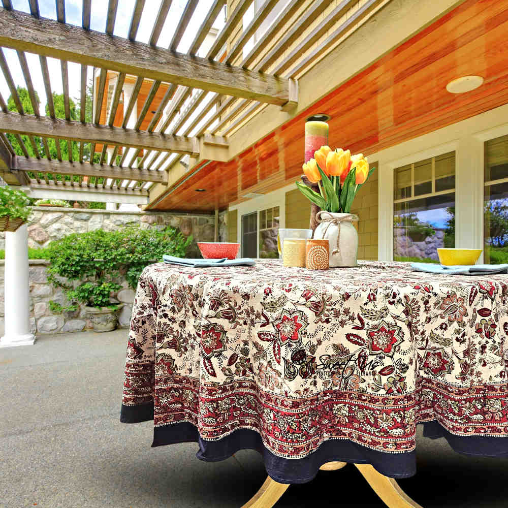 Rustic Autumn Floral Block Print Cotton Tablecloth Round
