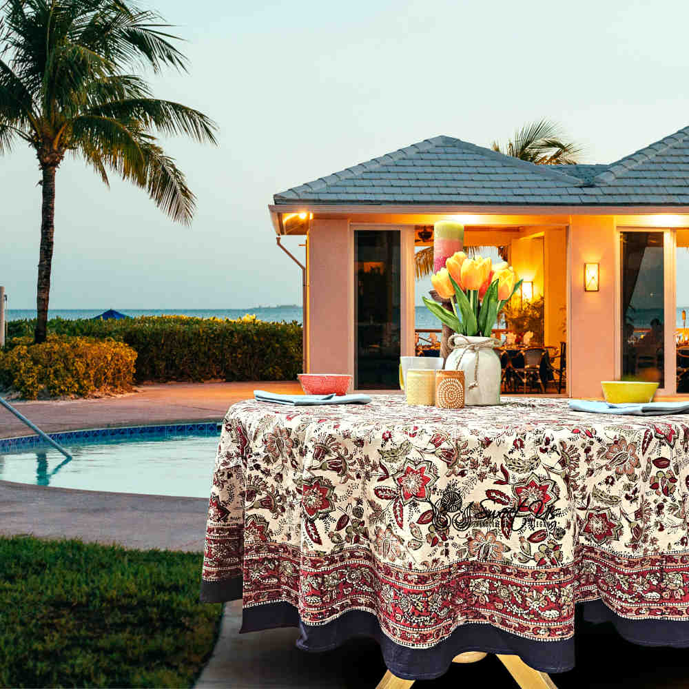 Rustic Autumn Floral Block Print Cotton Tablecloth Round