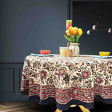 Rustic Autumn Floral Block Print Cotton Tablecloth Round