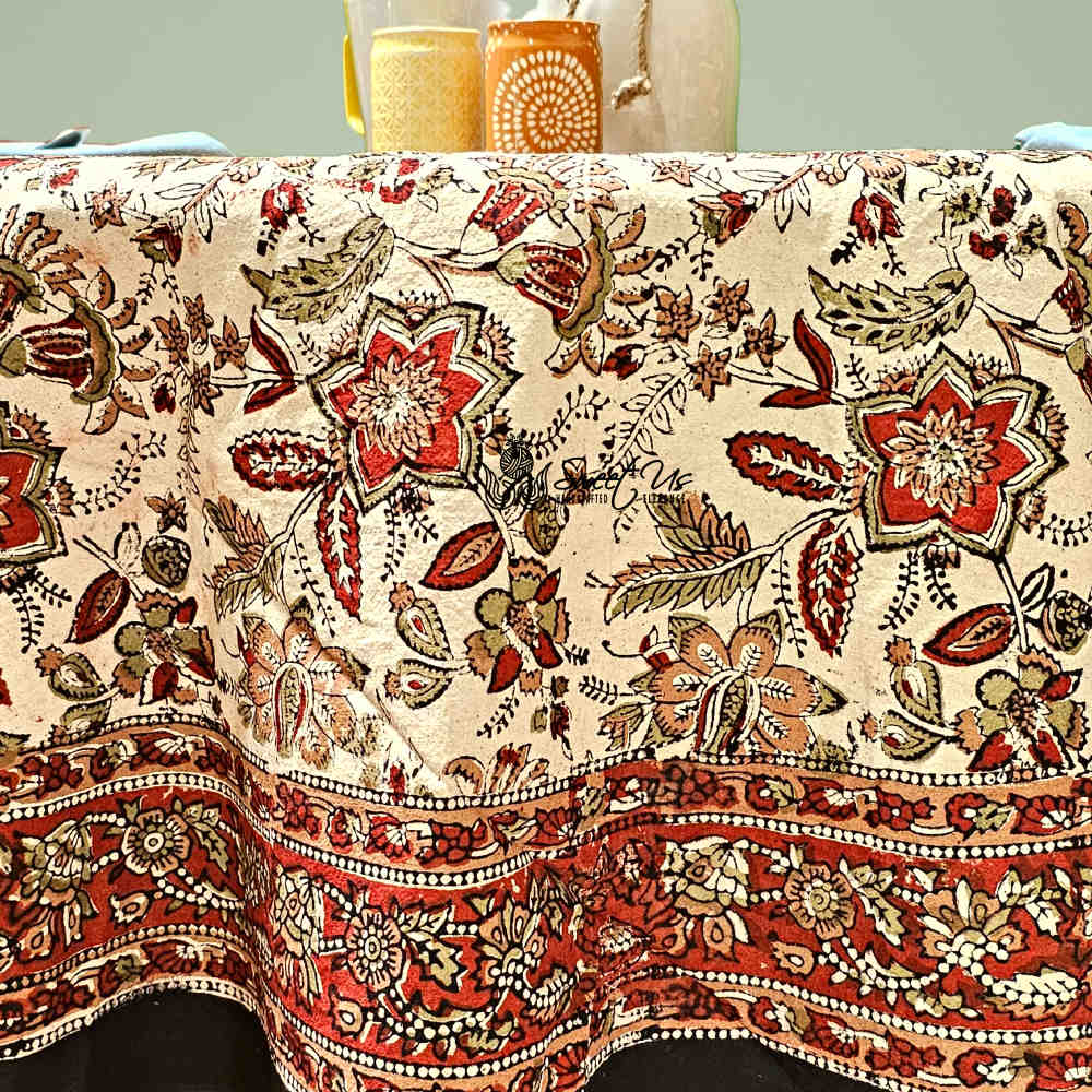 Rustic Autumn Floral Block Print Cotton Tablecloth Round