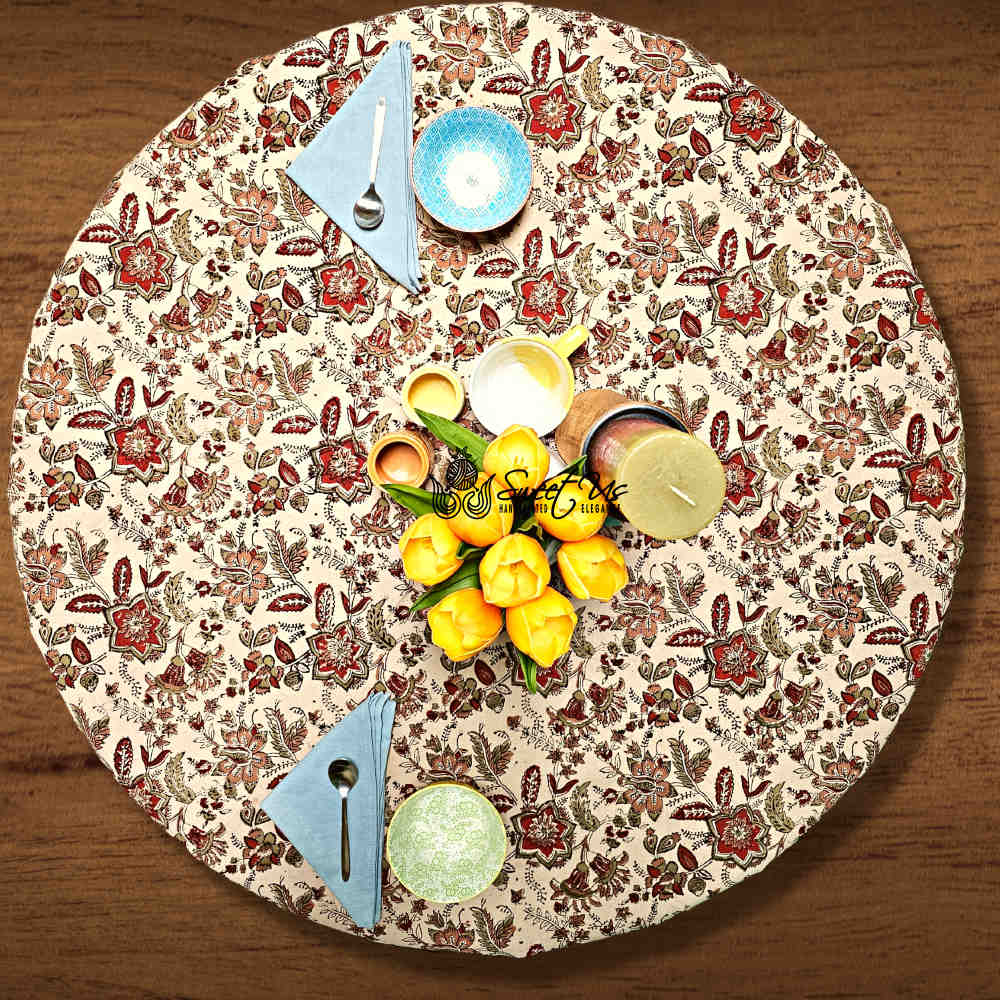 Rustic Autumn Floral Block Print Cotton Tablecloth Round