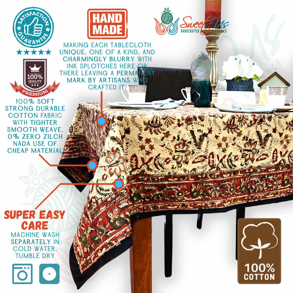 Rustic Autumn Floral Block Print Cotton Tablecloth Rectangle