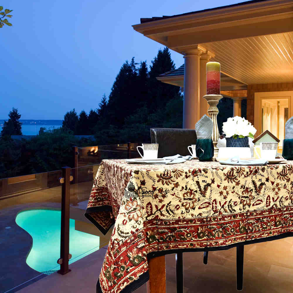 Rustic Autumn Floral Block Print Cotton Tablecloth Rectangle