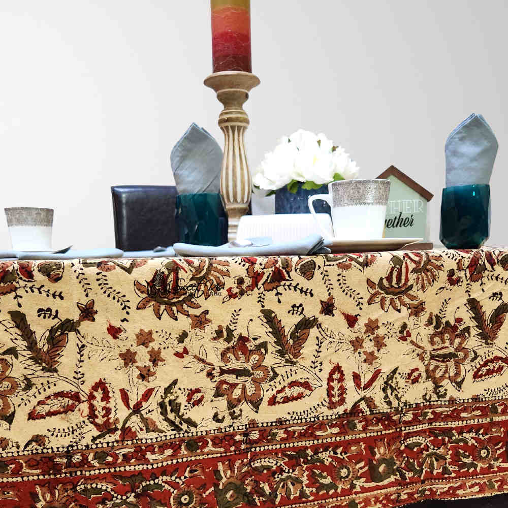 Rustic Autumn Floral Block Print Cotton Tablecloth Rectangle
