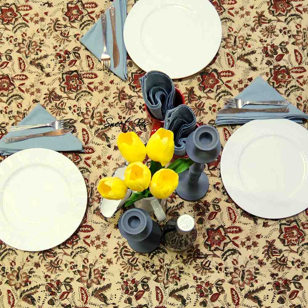 Rustic Autumn Floral Block Print Cotton Tablecloth Rectangle