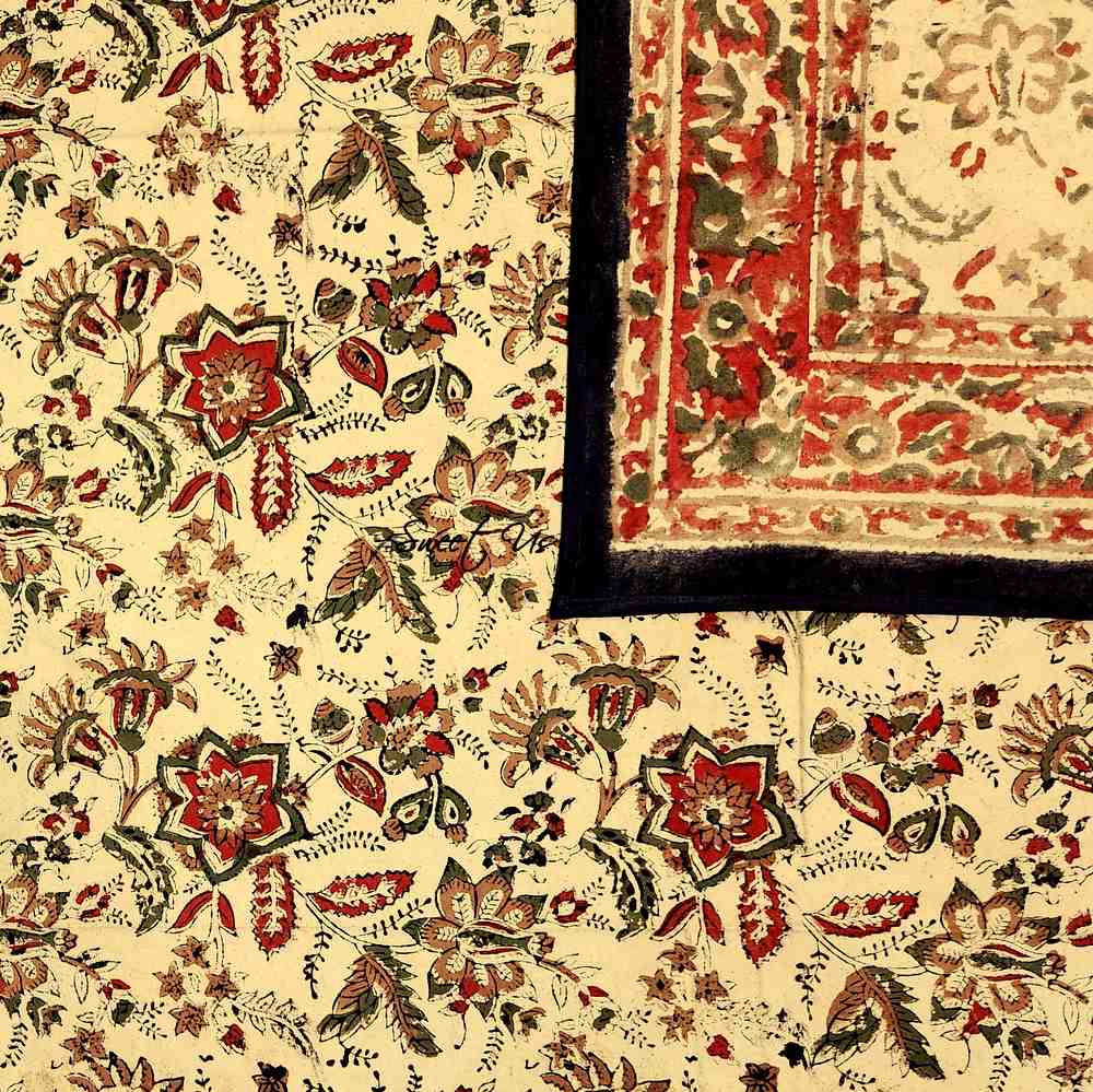 Rustic Autumn Floral Block Print Cotton Tablecloth Rectangle