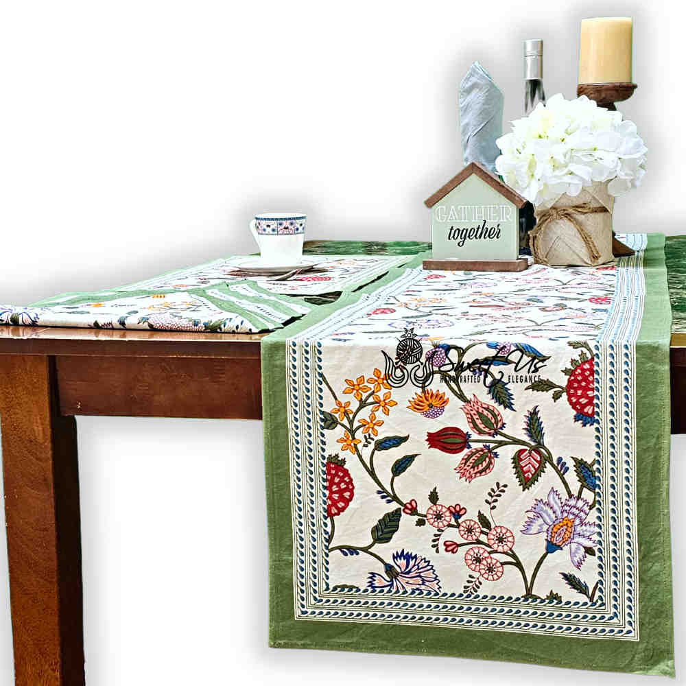 Vineyard Harmony Floral Cotton Tablecloth Collection, Green White Red Linen