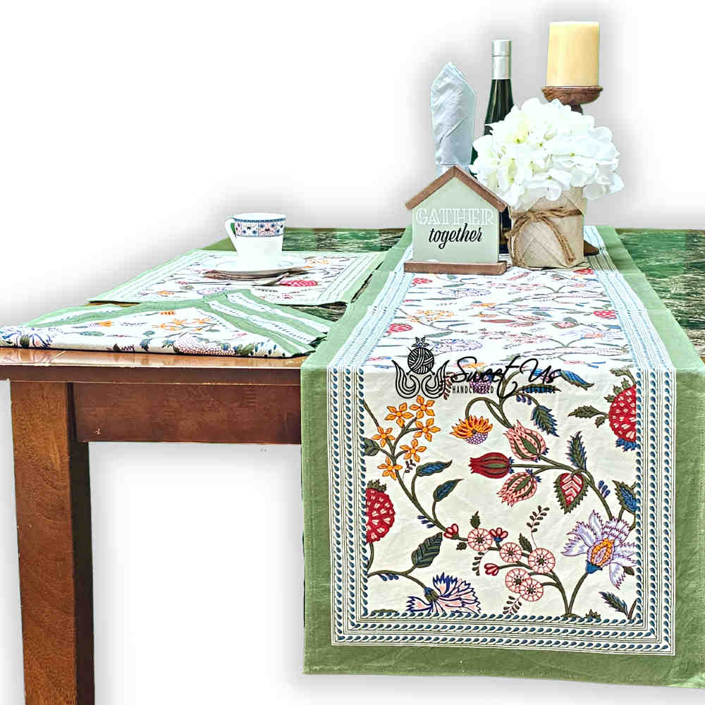 Vineyard Harmony Floral Cotton Tablecloth Collection, Green White Red Linen