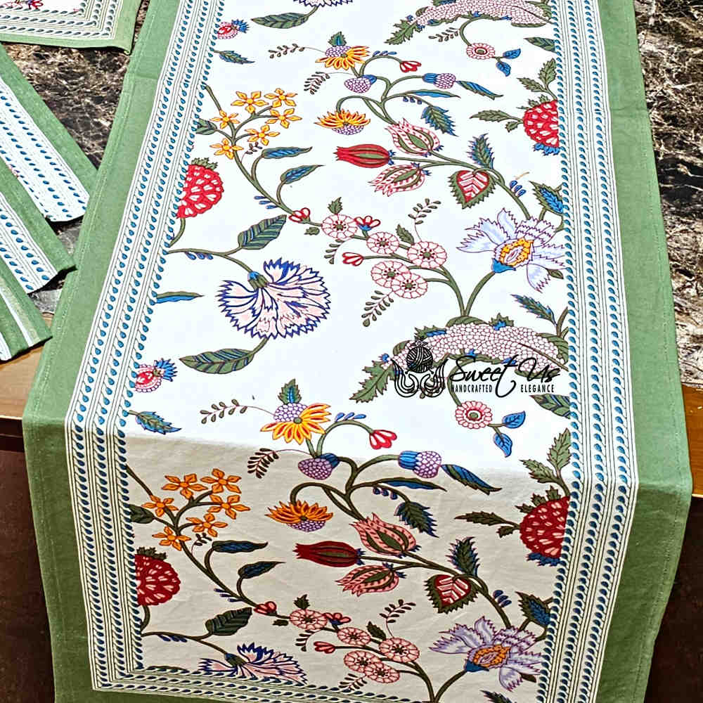 Vineyard Harmony Floral Cotton Tablecloth Collection, Green White Red Linen