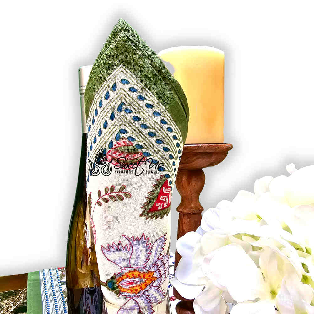 Vineyard Harmony Floral Cotton Tablecloth Collection, Green White Red Linen - Sweet Us