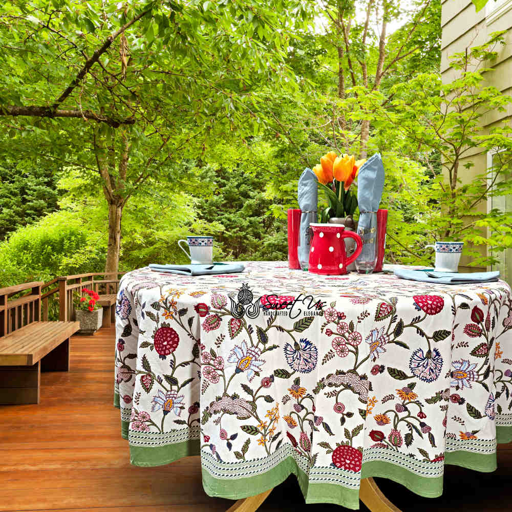 Vineyard Harmony Floral Cotton Tablecloth Collection, Green White Red Linen
