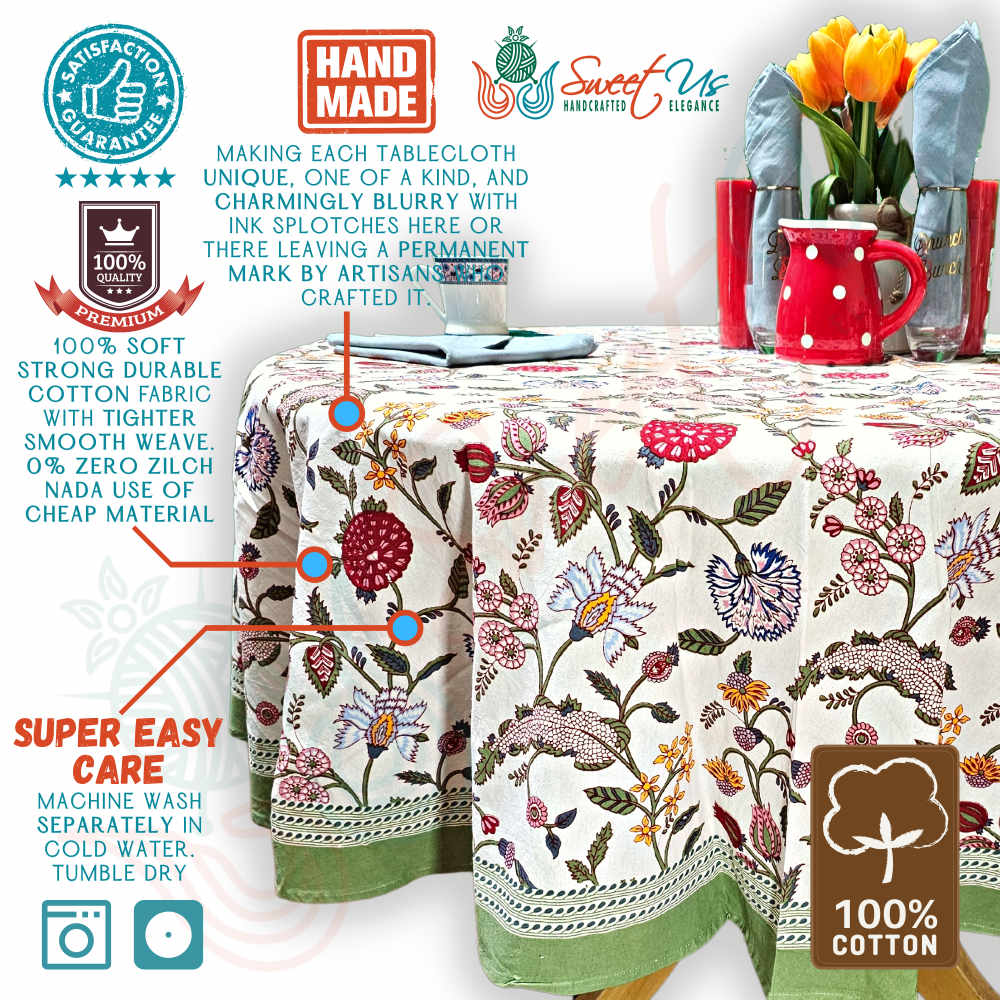 Vineyard Harmony Floral Cotton Tablecloth Collection, Green White Red Linen