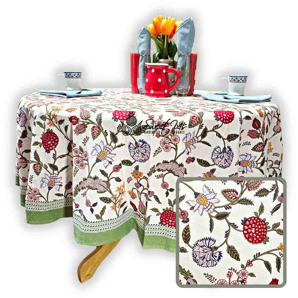 Vineyard Harmony Floral Cotton Tablecloth Collection, Green White Red Linen