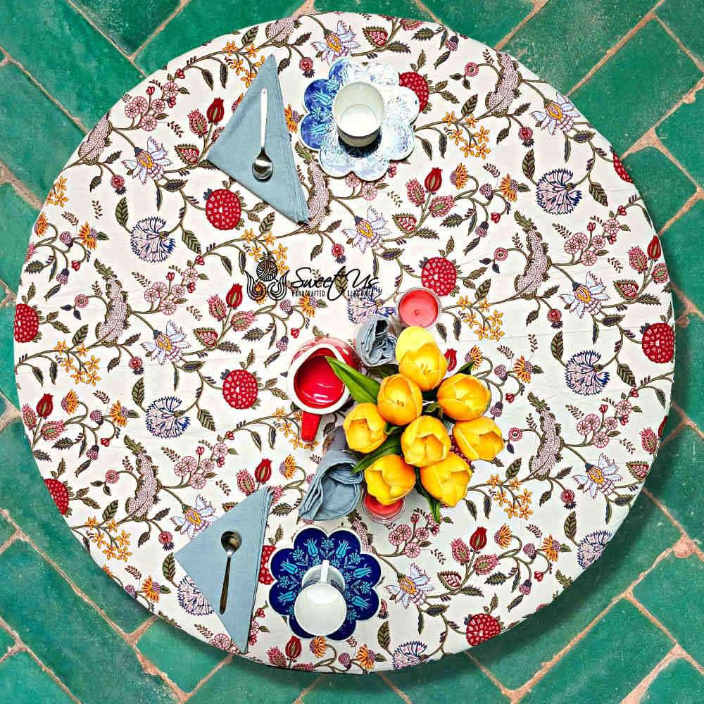 Vineyard Harmony Floral Cotton Tablecloth Collection, Green White Red Linen