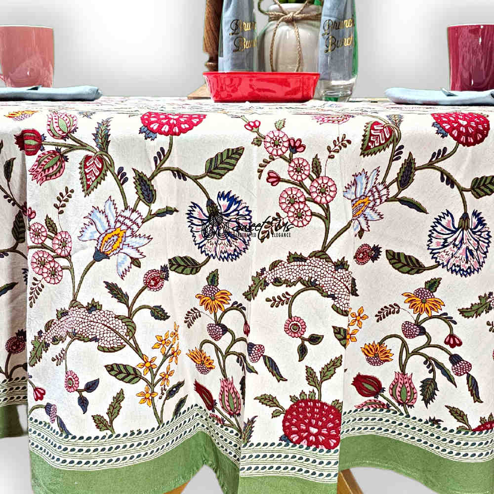 Vineyard Harmony Floral Cotton Tablecloth Collection, Green White Red Linen