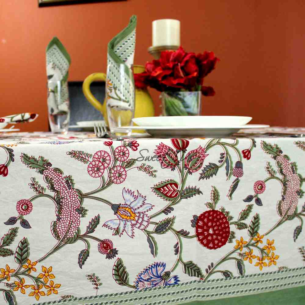 Vineyard Harmony Floral Cotton Tablecloth Collection, Green White Red Linen