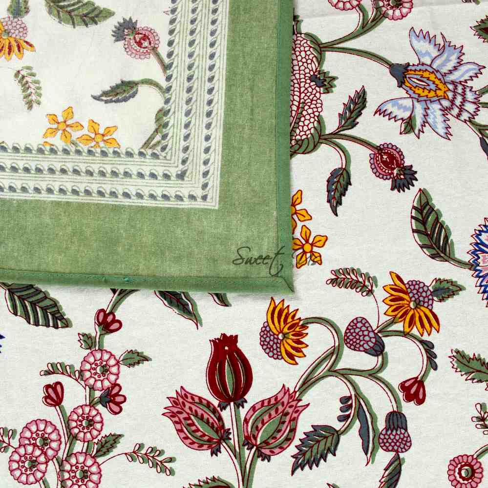 Vineyard Harmony Floral Cotton Tablecloth Collection, Green White Red Linen