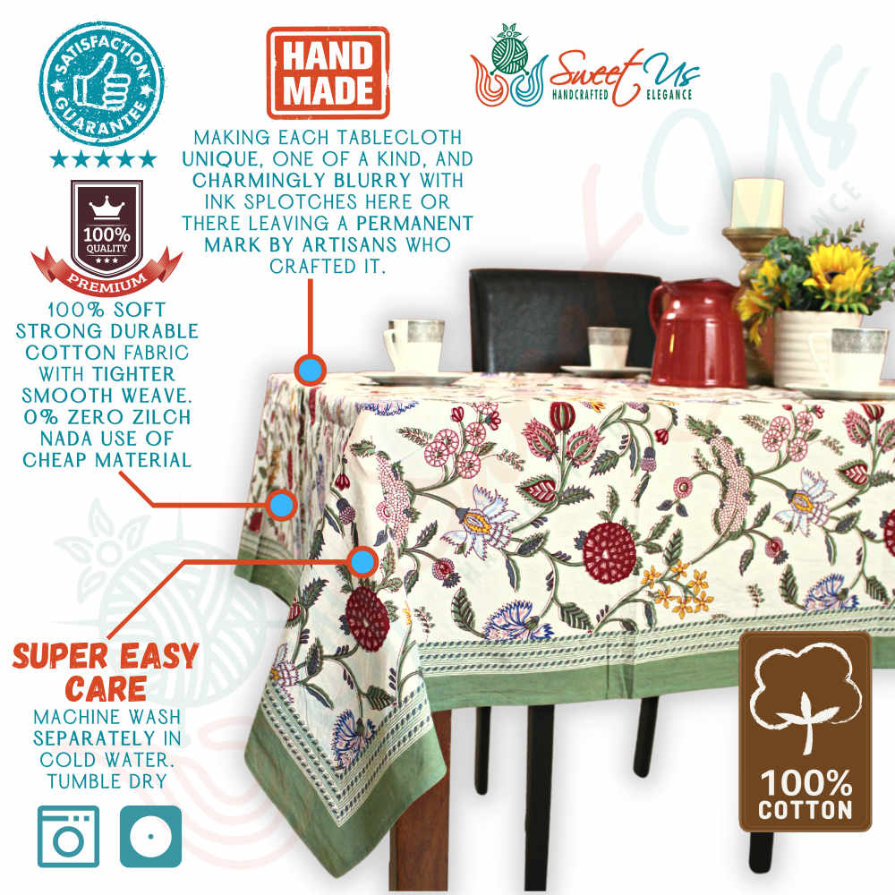 Vineyard Harmony Floral Cotton Tablecloth Collection, Green White Red Linen