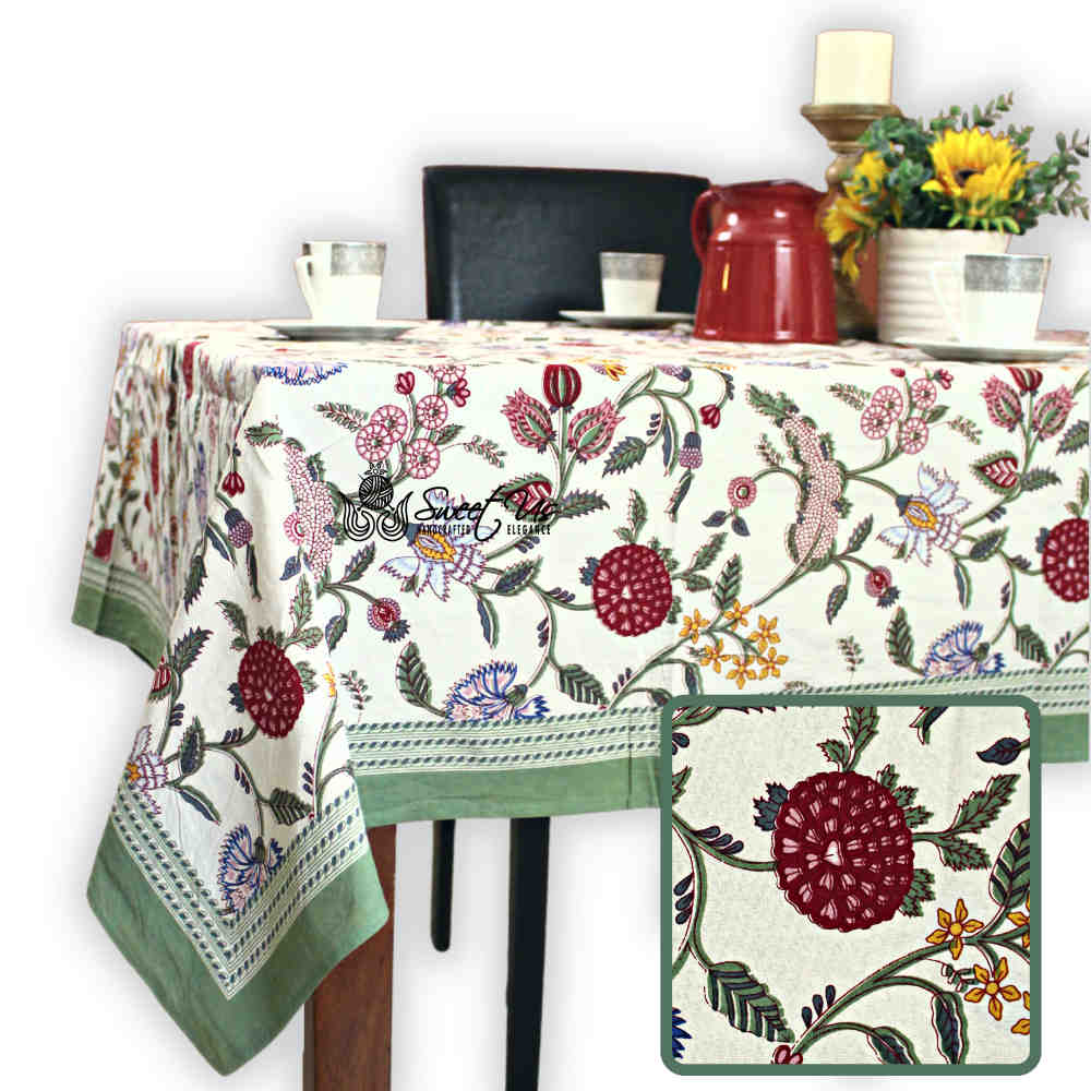 Vineyard Harmony Floral Cotton Tablecloth Collection, Green White Red Linen