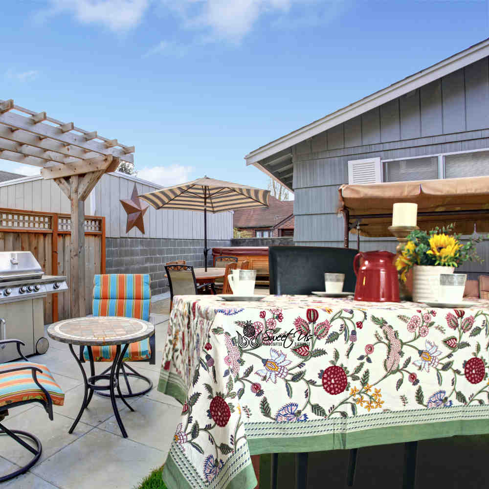 Vineyard Harmony Floral Cotton Tablecloth Collection, Green White Red Linen