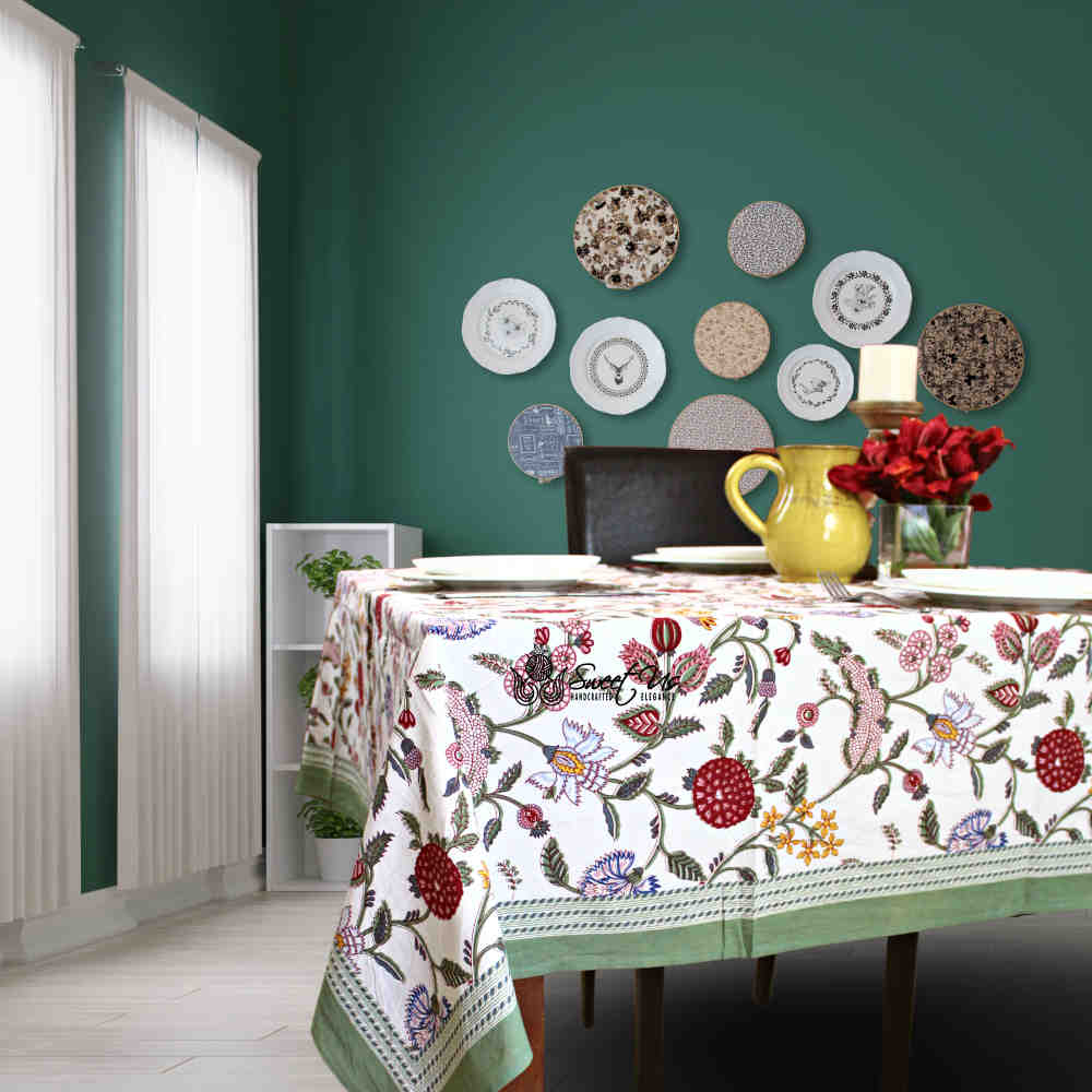 Vineyard Harmony Floral Cotton Tablecloth Collection, Green White Red Linen - Sweet Us