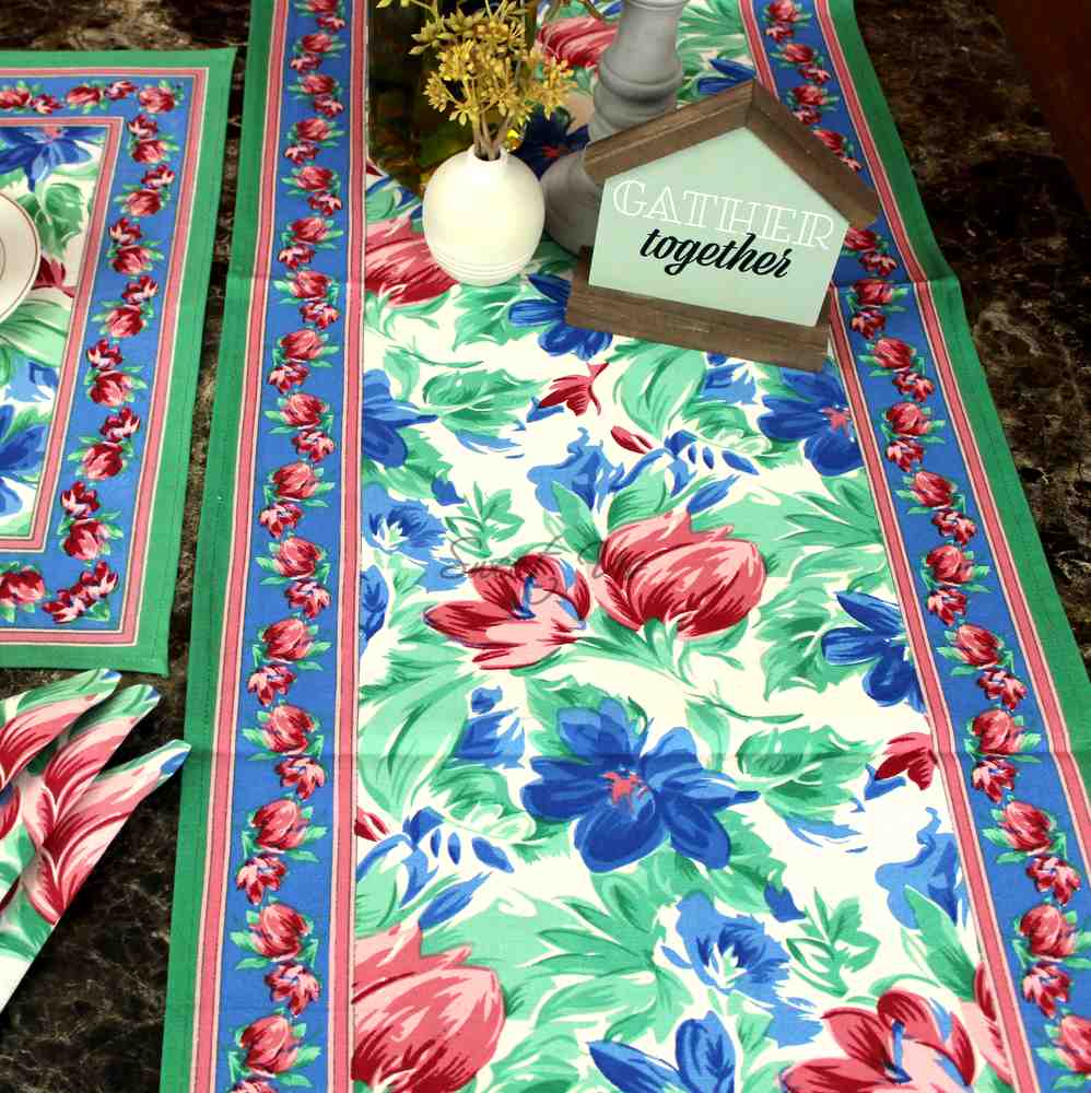 Fleur De Lush Floral Cotton Table Runner Green Blue, Table Linen