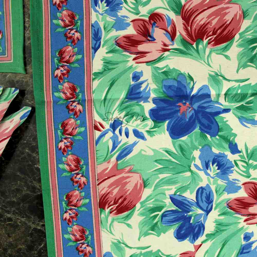 Fleur De Lush Floral Cotton Table Runner Green Blue, Table Linen