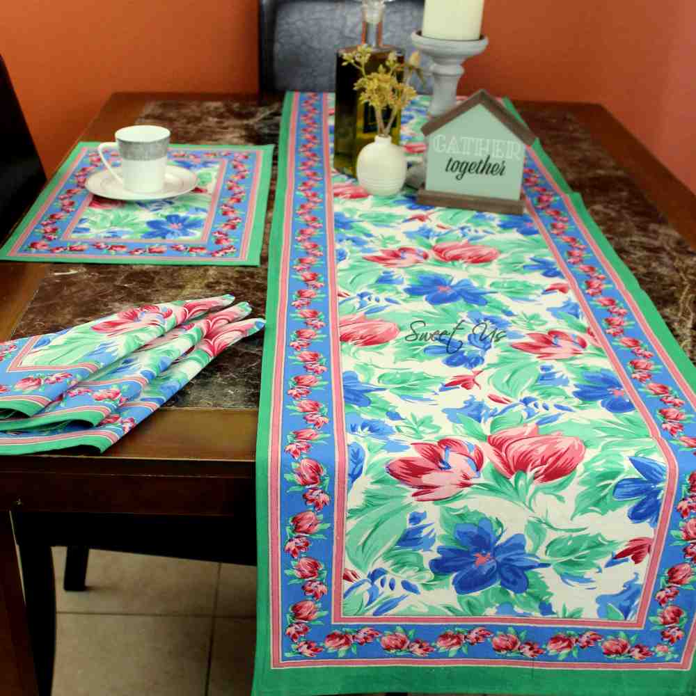 Fleur De Lush Floral Cotton Table Runner Green Blue, Table Linen