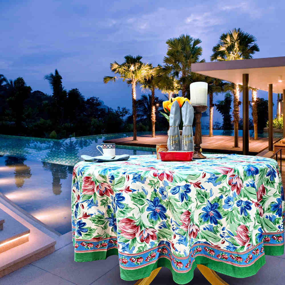 Fleur De Lush Floral Cotton Tablecloth Round Green Blue, Table Linen