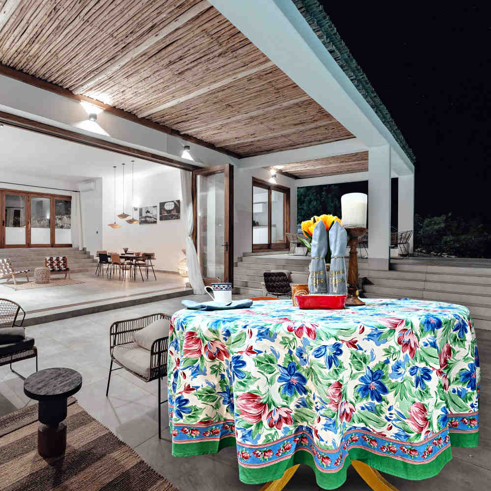 Fleur De Lush Floral Cotton Tablecloth Round Green Blue, Table Linen