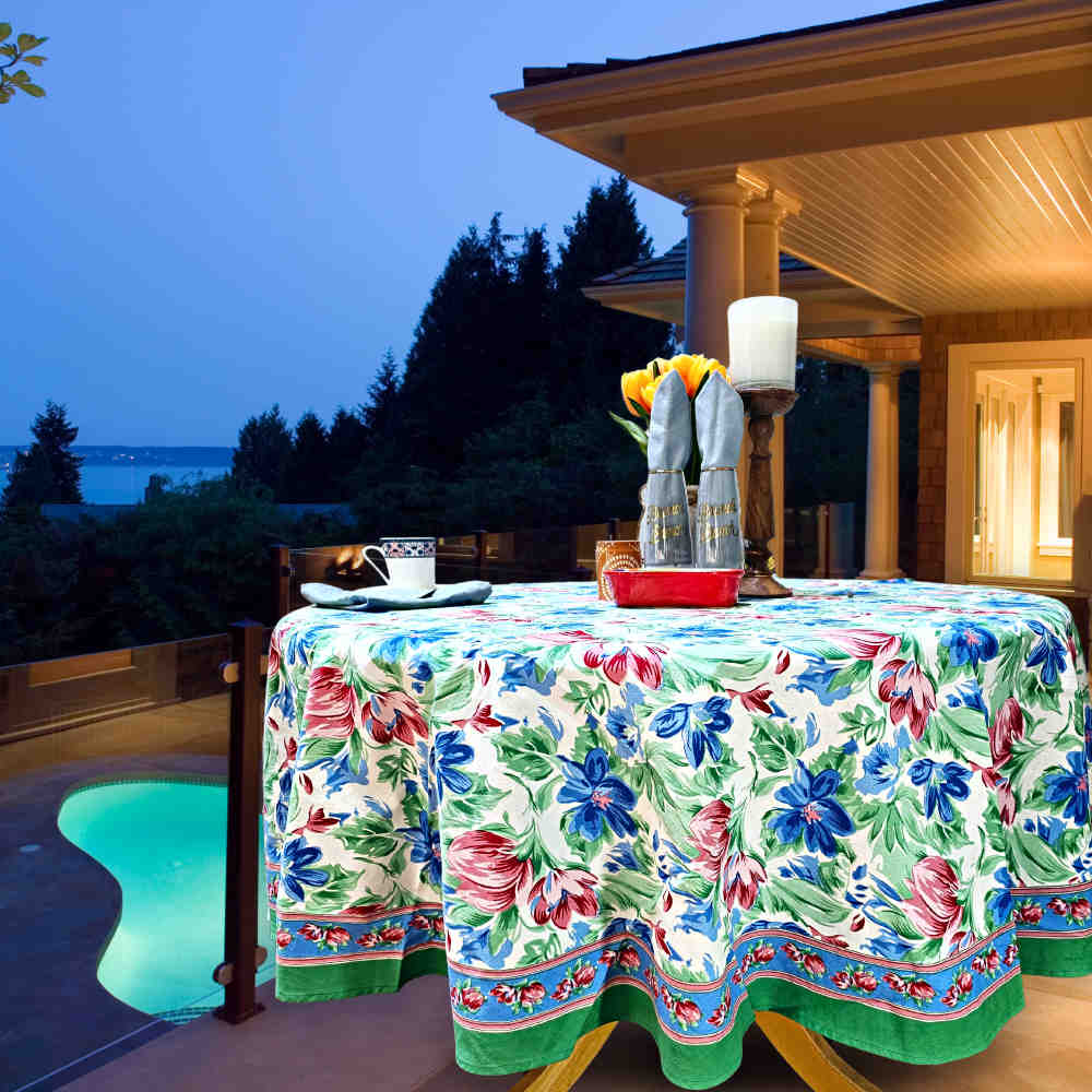 Fleur De Lush Floral Cotton Tablecloth Round Green Blue, Table Linen