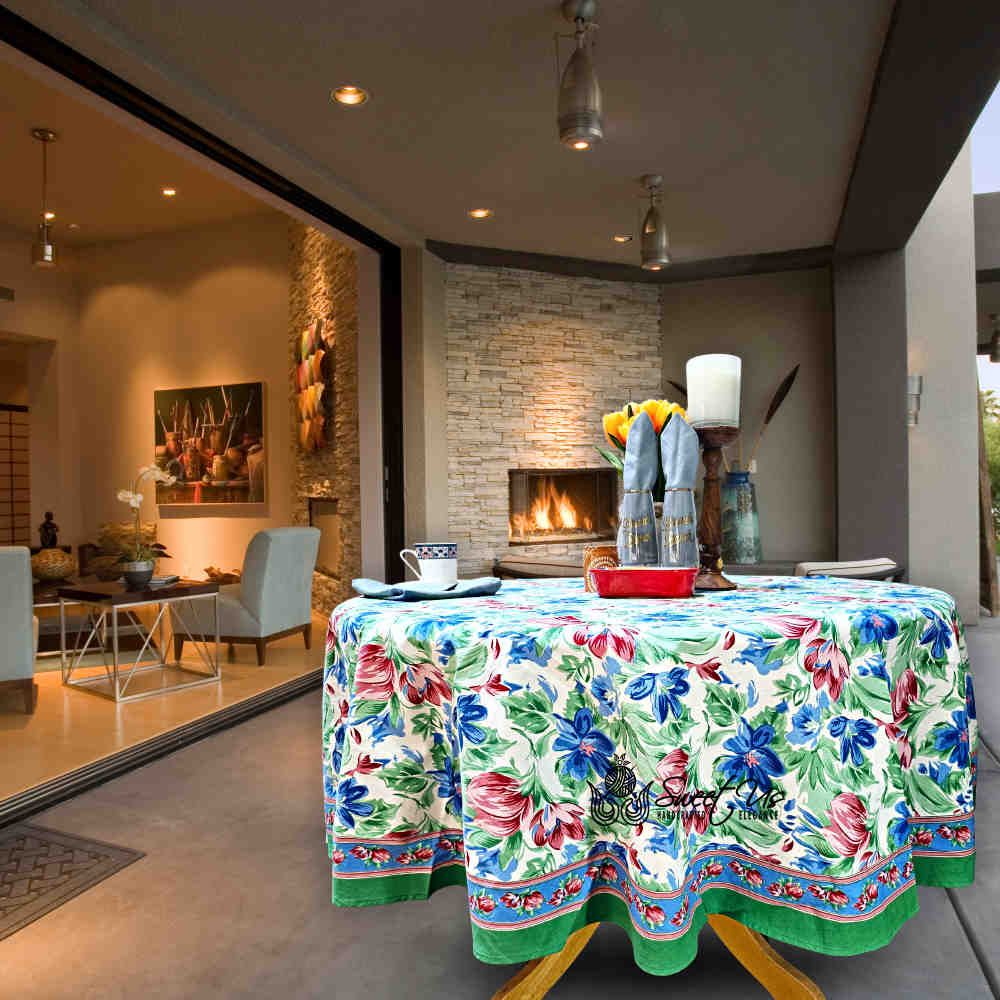 Fleur De Lush Floral Cotton Tablecloth Round Green Blue, Table Linen