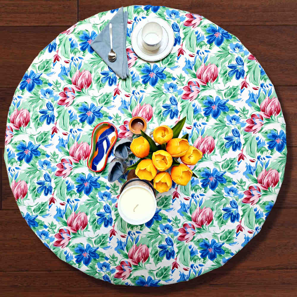 Fleur De Lush Floral Cotton Tablecloth Round Green Blue, Table Linen