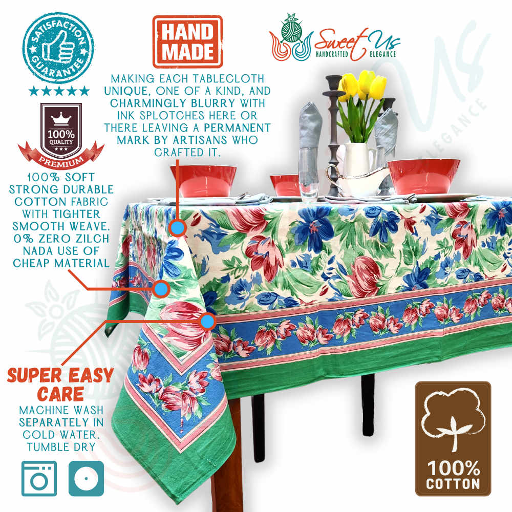Fleur De Lush Floral Cotton Tablecloth Square Green Blue, Table Linen