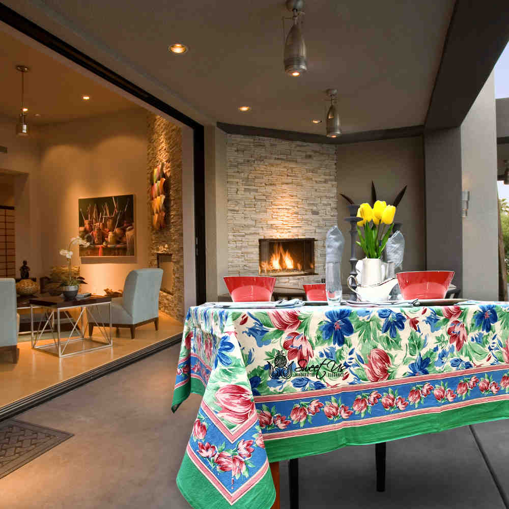 Fleur De Lush Floral Cotton Tablecloth Square Green Blue, Table Linen