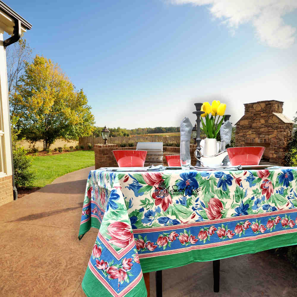 Fleur De Lush Floral Cotton Tablecloth Square Green Blue, Table Linen