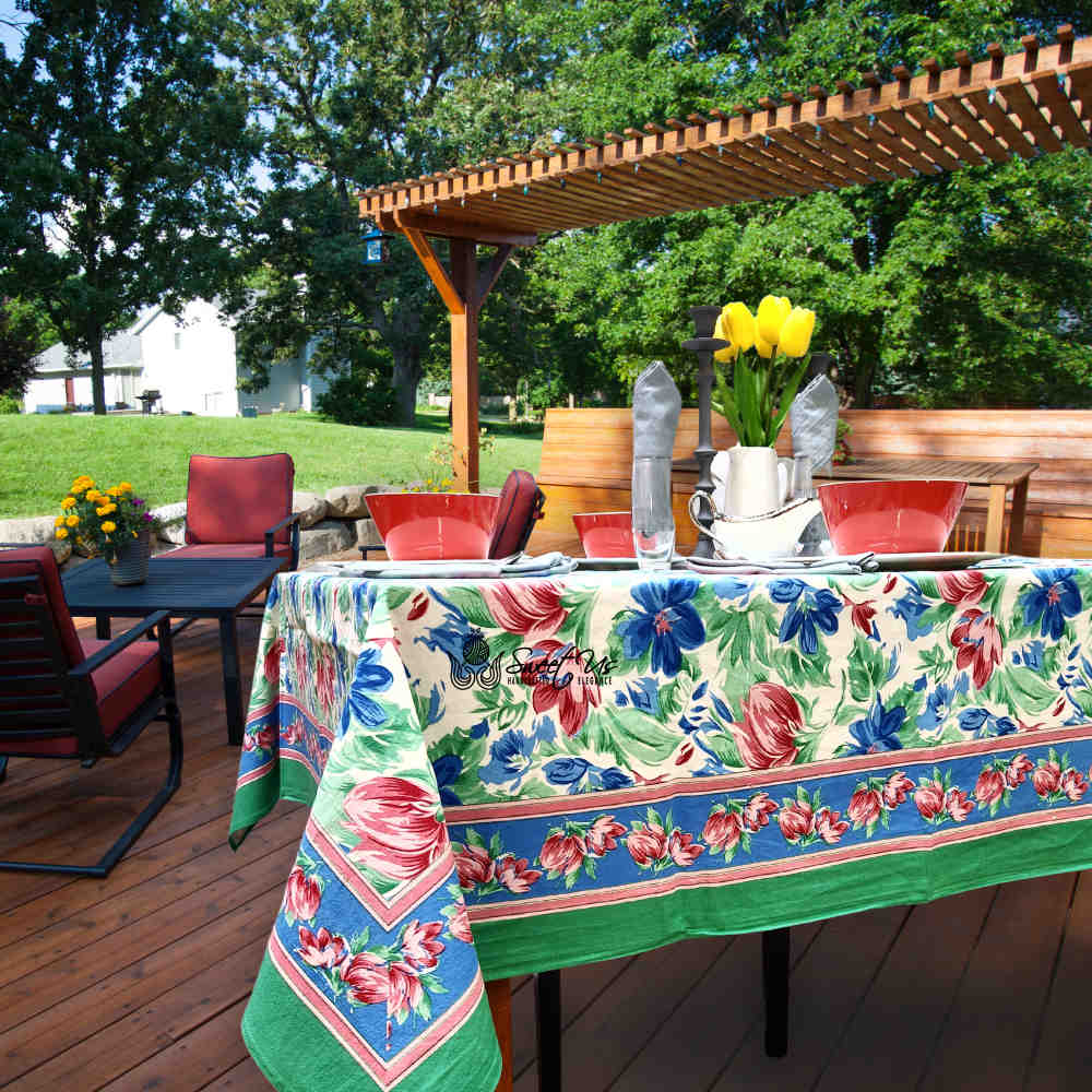 Fleur De Lush Floral Cotton Tablecloth Square Green Blue, Table Linen