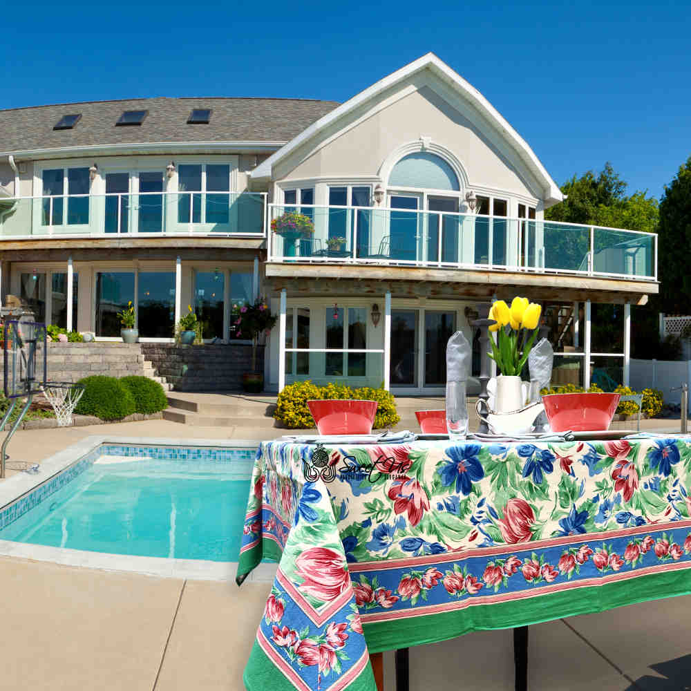 Fleur De Lush Floral Cotton Tablecloth Rectangle Green Blue, Table Linen