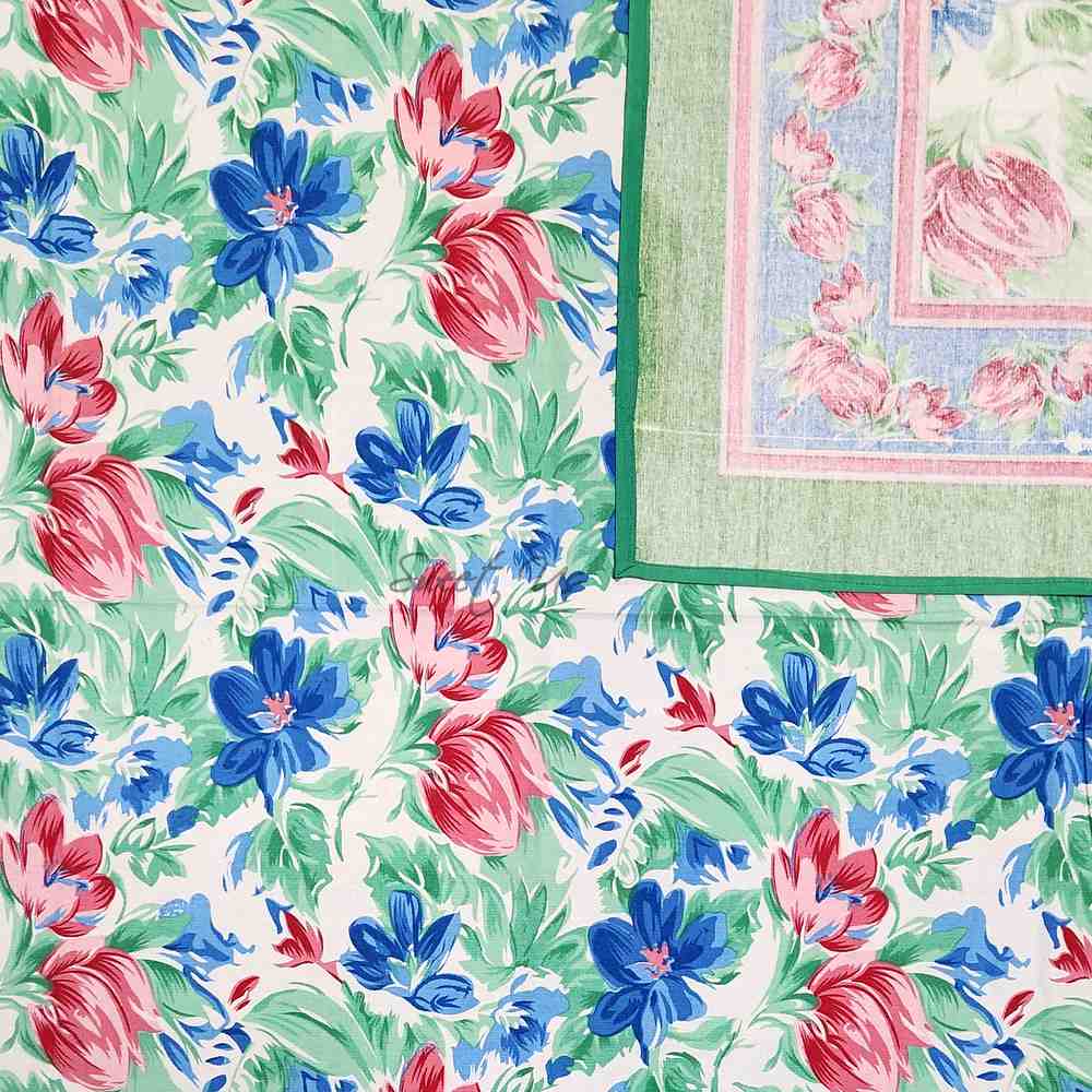 Fleur De Lush Floral Cotton Tablecloth Square Green Blue, Table Linen