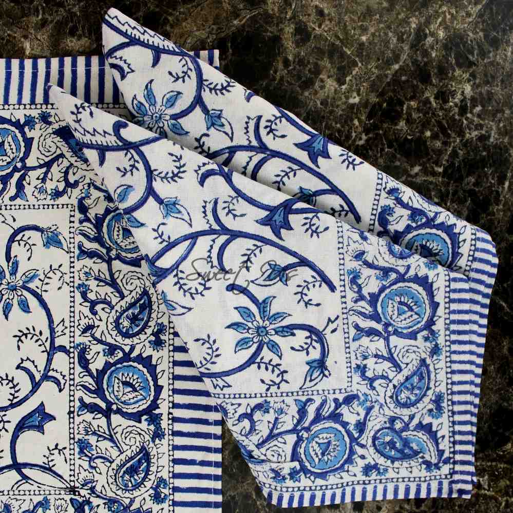 Stella Floral Block Print Cotton Tablecloth Collection, Blue Opal