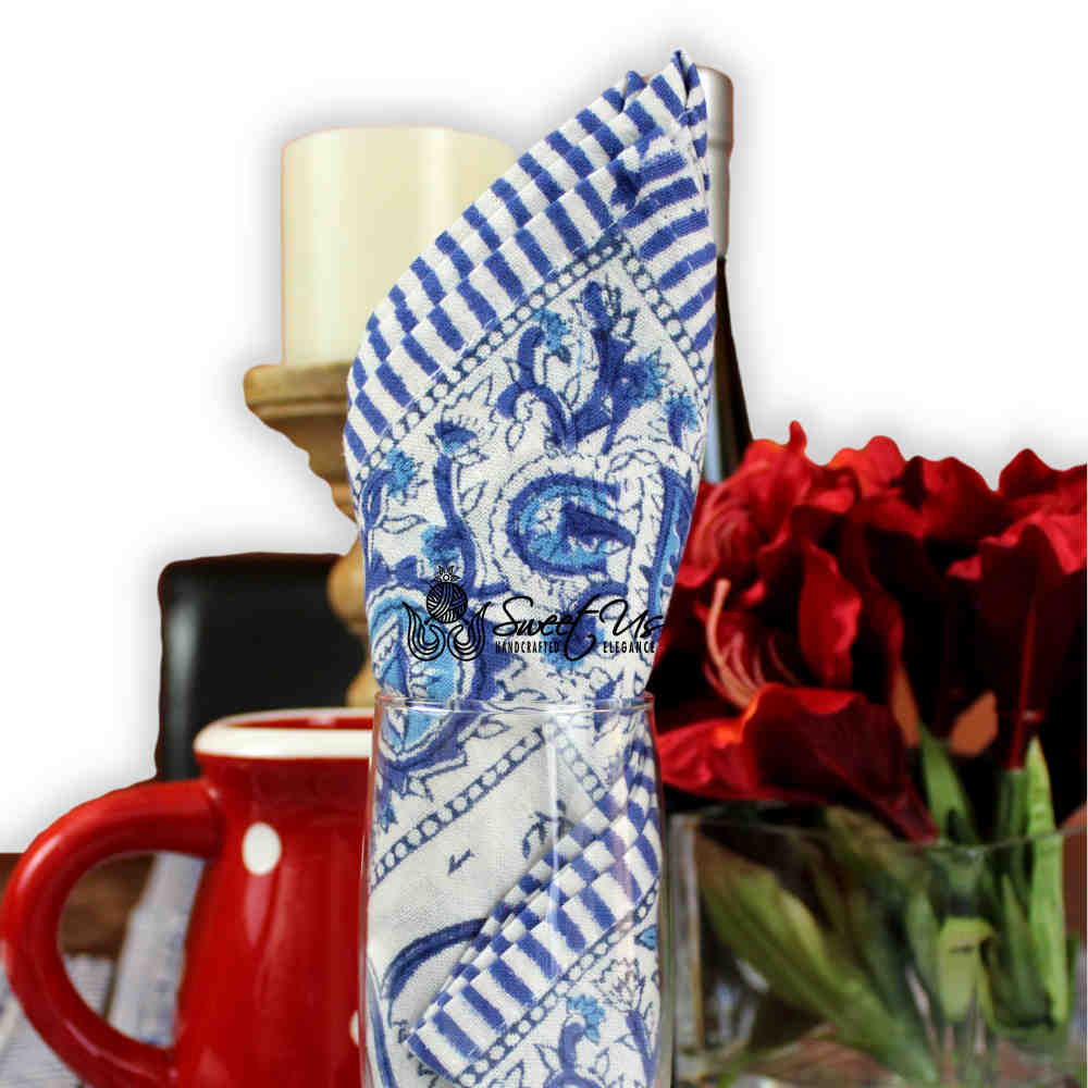 Stella Floral Block Print Cotton Tablecloth Collection, Blue Opal - Sweet Us
