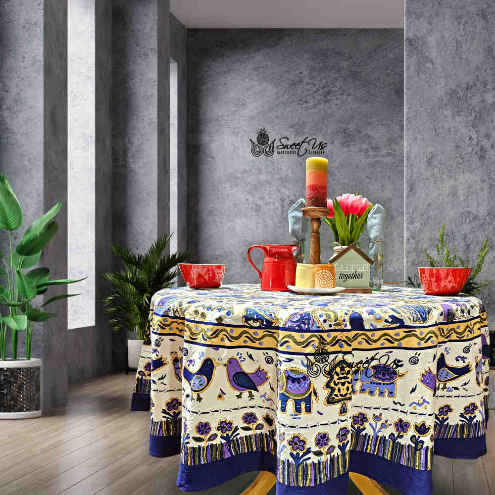 Safari Soiree Avian Floral Cotton Tablecloth Round, Violet Gold