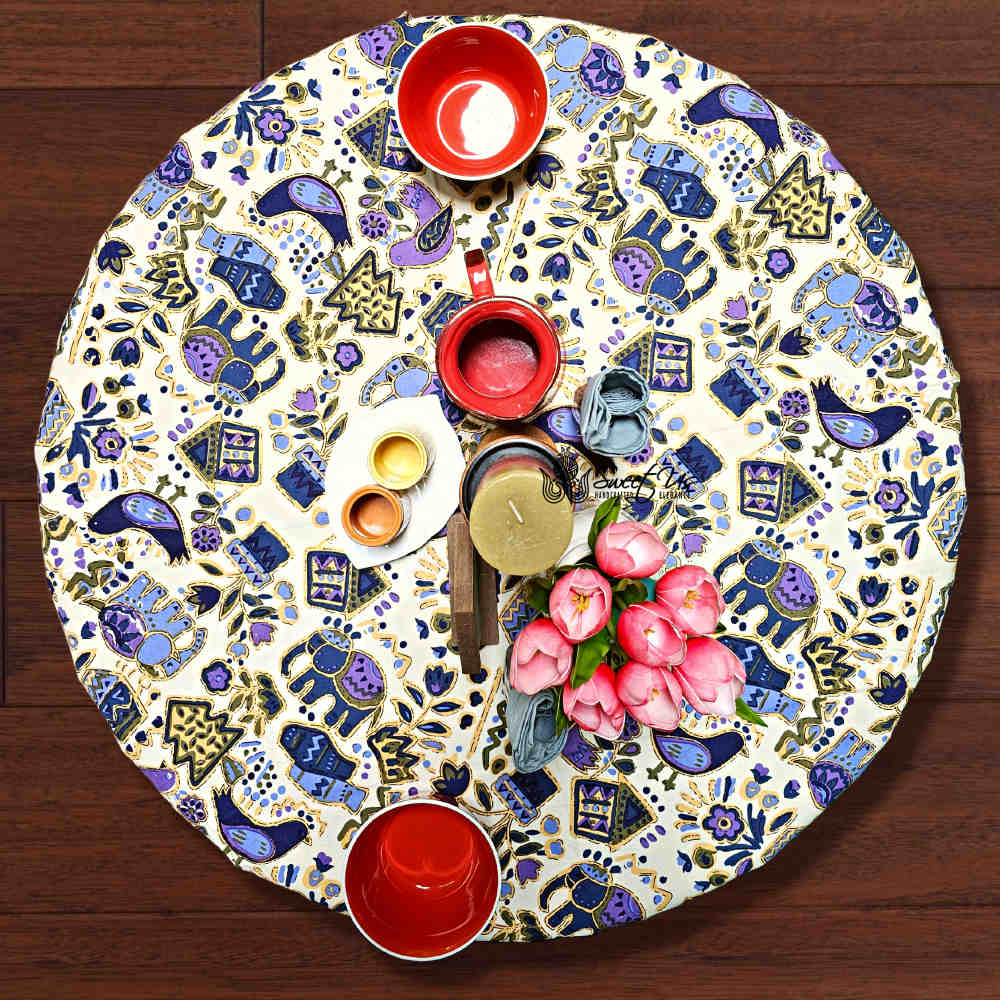 Safari Soiree Avian Floral Cotton Tablecloth Round, Violet Gold