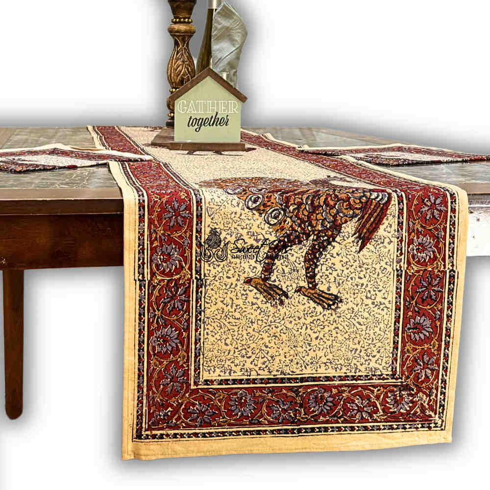 Peacock Paradise Paisley Organic Hand Block Print Cotton Table Runner
