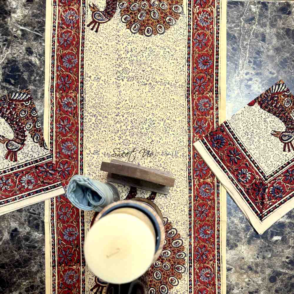 Peacock Paradise Paisley Organic Hand Block Print Cotton Table Runner