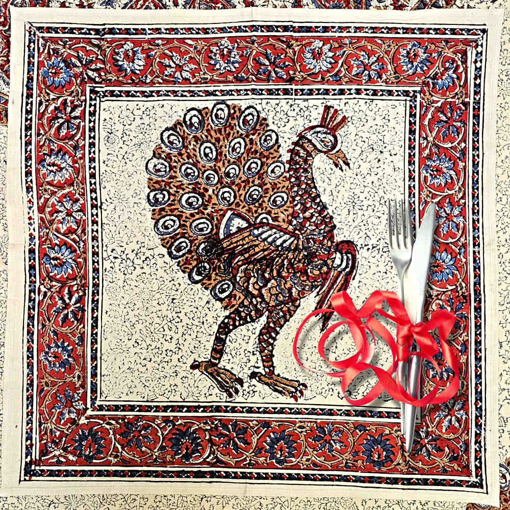 Peacock Paradise Paisley Organic Hand Block Print Cotton Tablecloth Collection