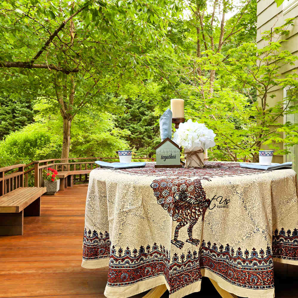 Peacock Paradise Paisley Organic Hand Block Print Cotton Tablecloth Collection