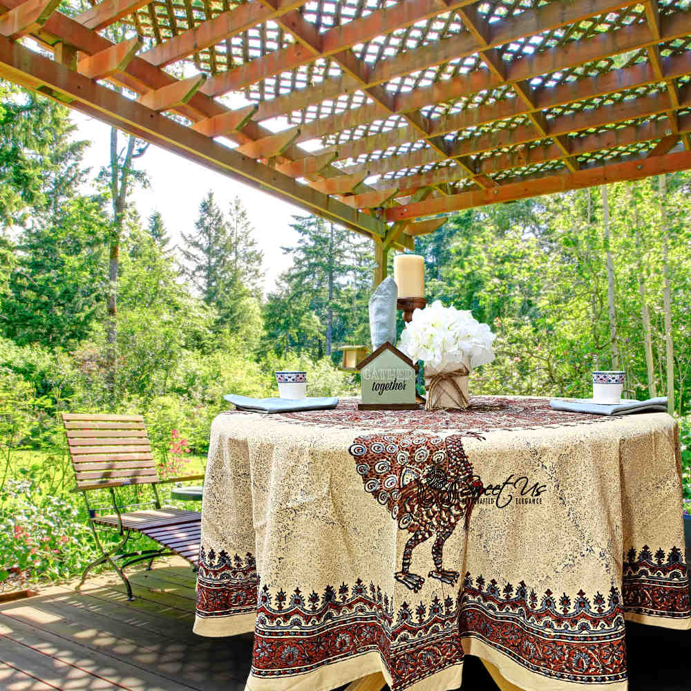 Peacock Paradise Paisley Organic Hand Block Print Cotton Tablecloth Collection