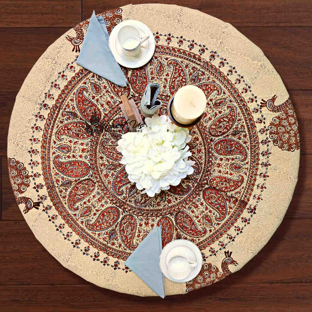 Peacock Paradise Paisley Organic Hand Block Print Cotton Tablecloth Collection